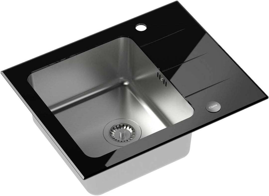 VBChome Glasspüle 62 x 50 Spülbecken mit Armatur Spüle Einbauspüle schwarz Glas inkl. Ablaufgarnitur