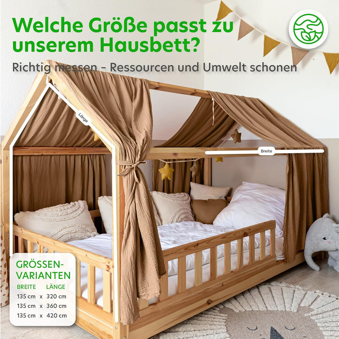 Hausbett Himmel mit Gold Applikation [in 12 Farben] Betthimmel Hausbett aus 100% Baumwolle Musselin