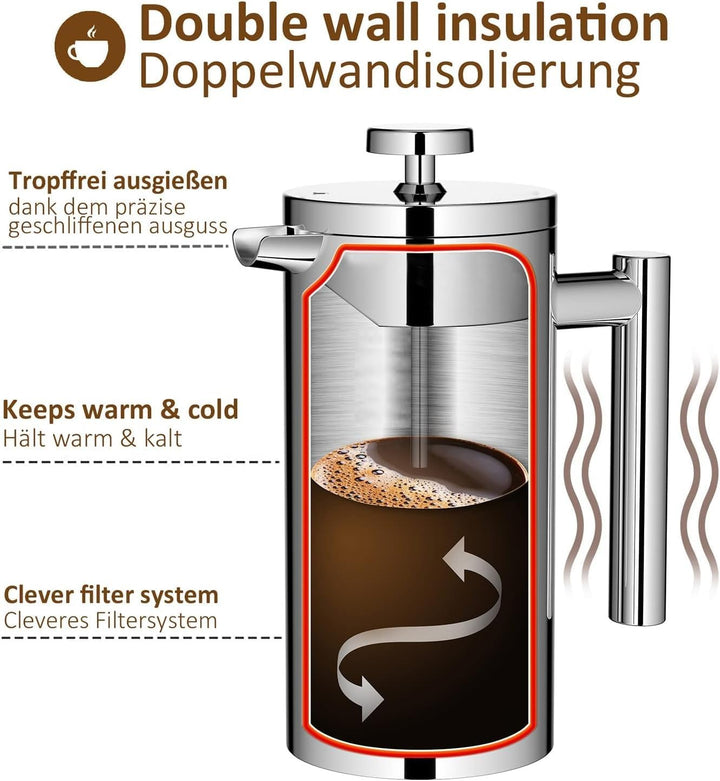 MaxMiuly Kaffeebereiter French Press 0,35 Liter Klein Kaffeezubereiter Doppelwandige Edelstahl Franz