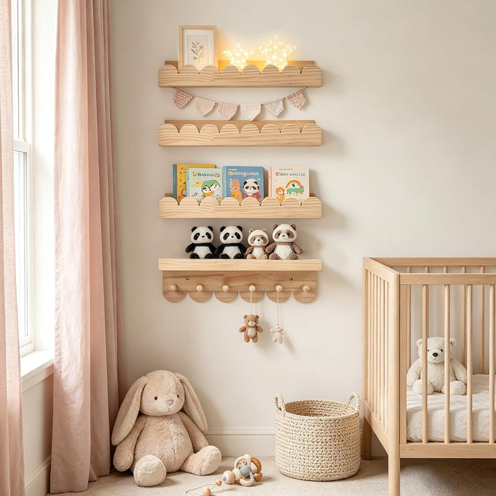 4er Set Wandregal Kinderzimmer - Naturholz Wolke Design+ Garderobe, Bücherregal Wand aus Massivholz,