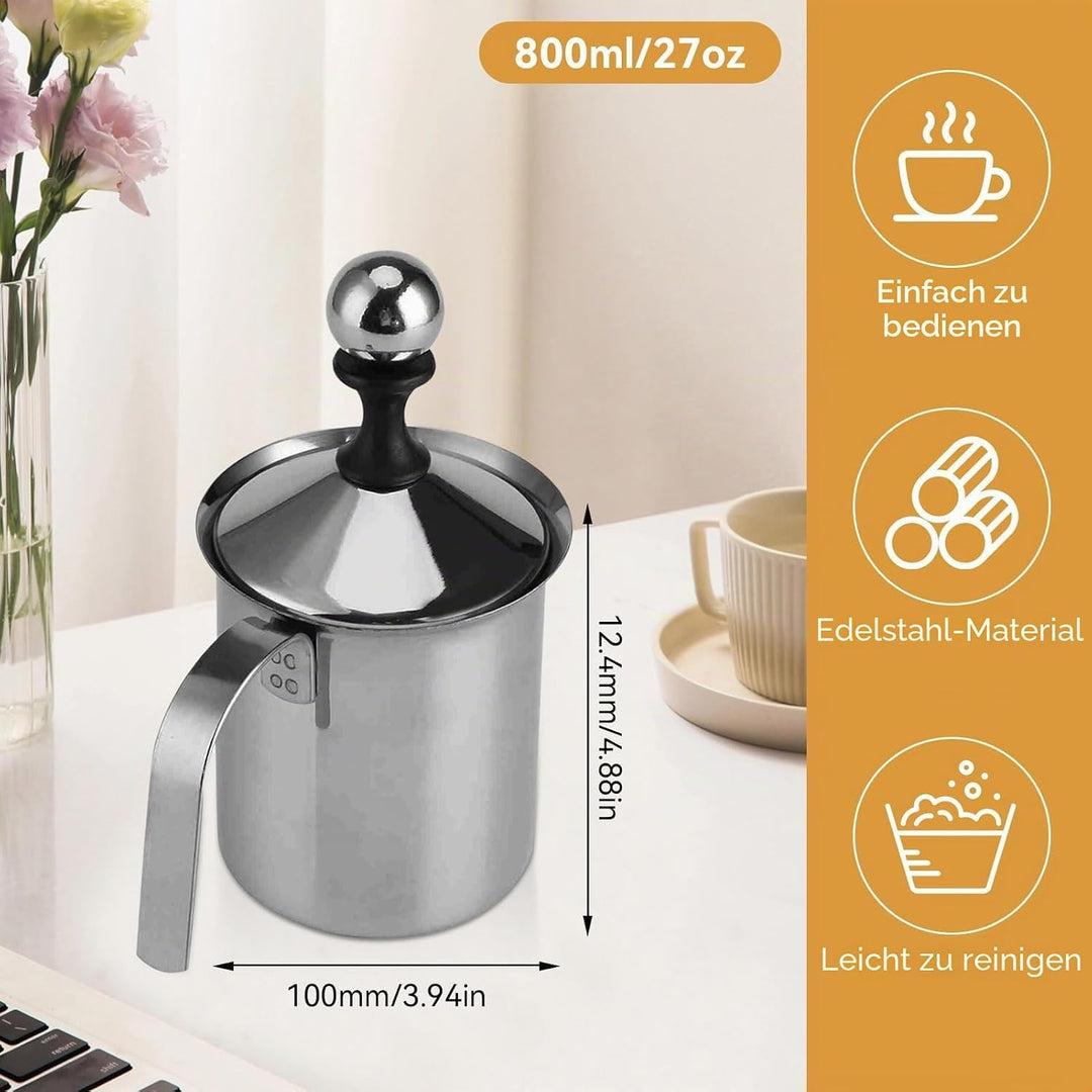 800ml de Acero Inoxidable Leche Manual Frother, Espumador Leche con Doble Colador, Jarra espumadora