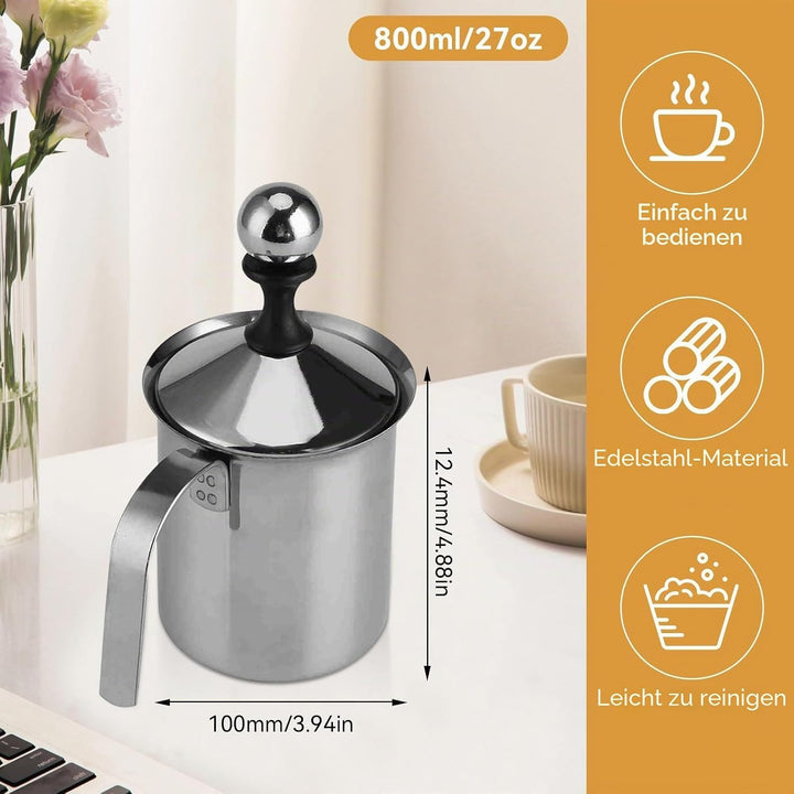 800ml de Acero Inoxidable Leche Manual Frother, Espumador Leche con Doble Colador, Jarra espumadora