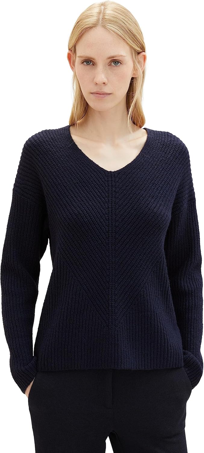 TOM TAILOR Damen 1042956 RIPP Strickpullover mit V-Ausschnitt S 10668 - Sky Captain Blue, S 10668 -