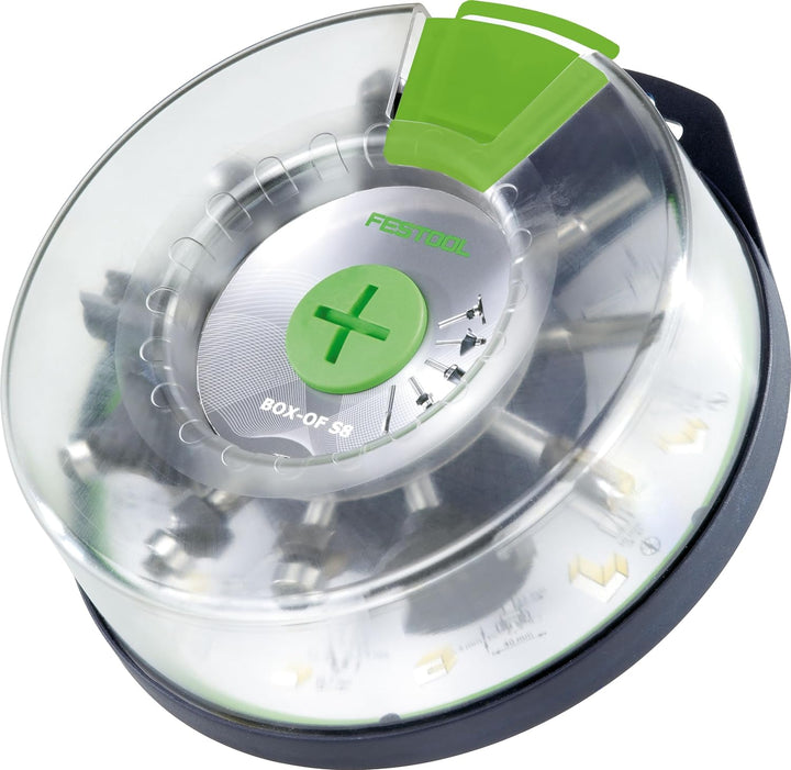 Festool Fräserbox Box-OF HW S8 Mix (mit Bündigfräser, Dübelbohrer, Nutfräser mit Bohrschneider, Abru