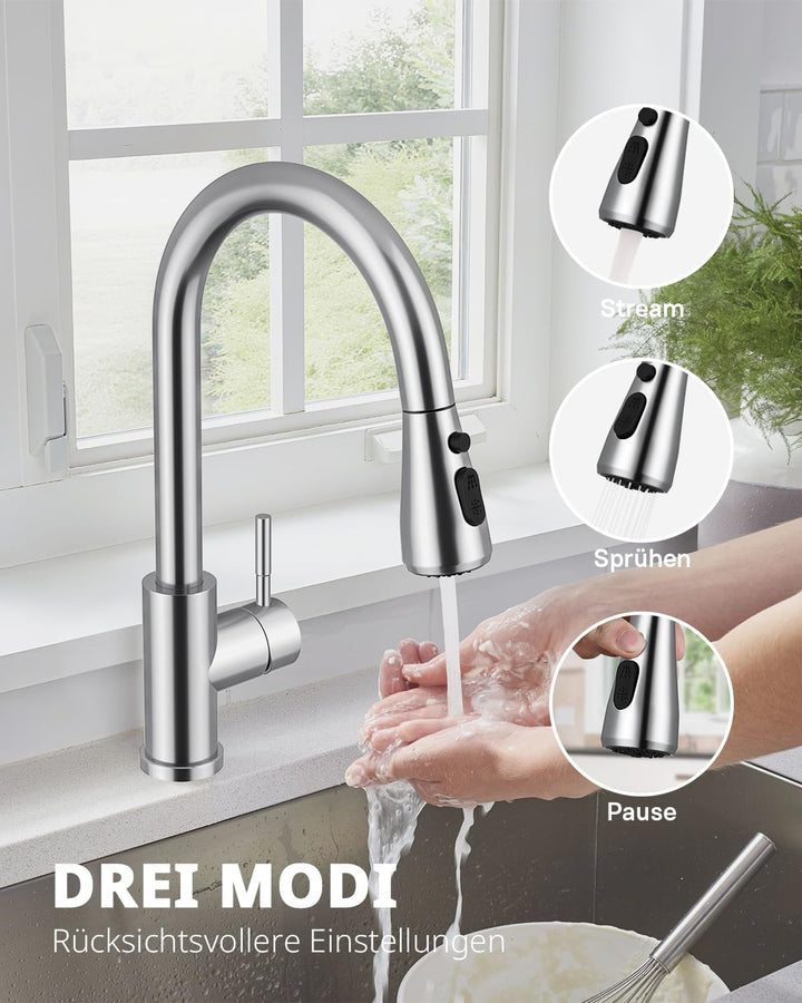 Küchenarmatur, Ausziehbarer Wasserhahn mit Edelstahl-Sprühbrause und 3 Sprühfunktionen, 360° schwenk