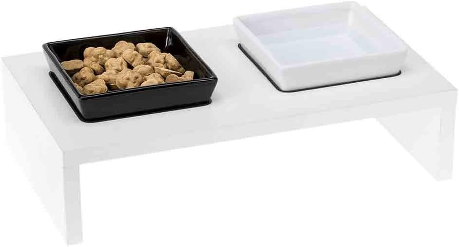Ferplast Futterschalen für Hunde und Katzen MAKI 01, Rutschfeste Holzständer, 2 Keramikschalen à 0,5