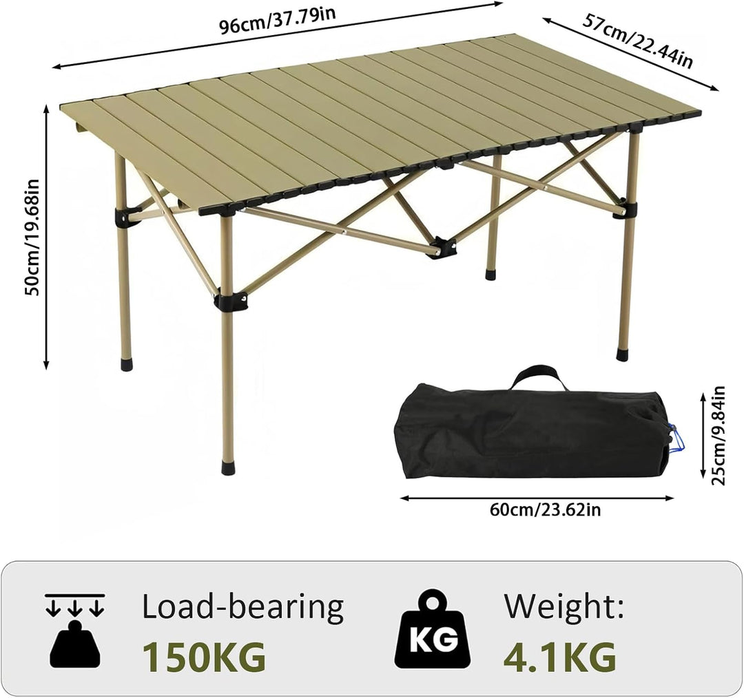 Campingtisch faltbar – Rolltisch mit aufrollbarer Tischplatte, tragbarer Klapptisch aus Stahl inkl.
