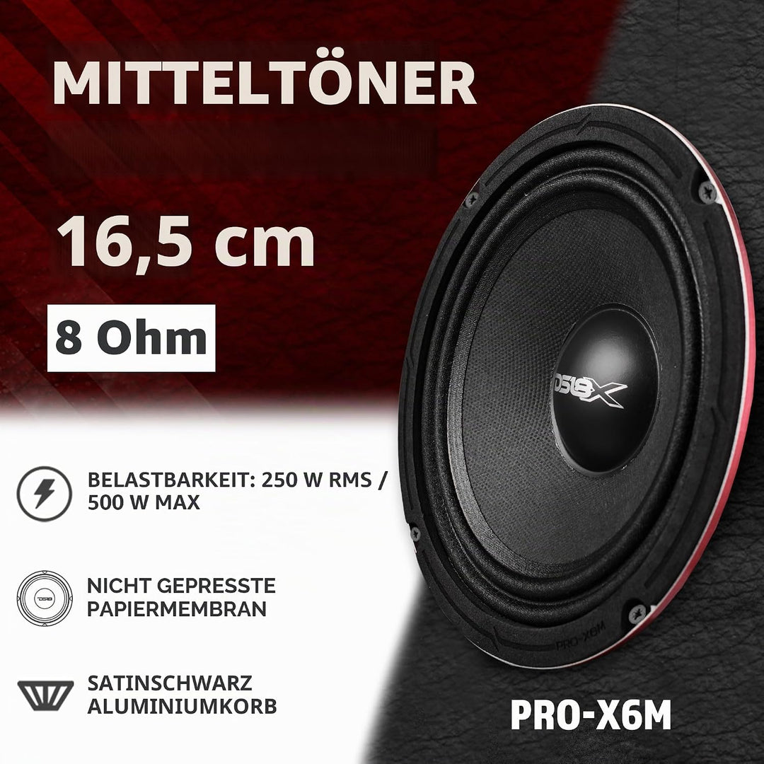 DS18 PRO-X6M Auto-Mitteltöner, 16,5 cm (16,5 cm), 450 W, 8 Ohm, Bass-Lautsprecher 16,5 cm Klassisch,