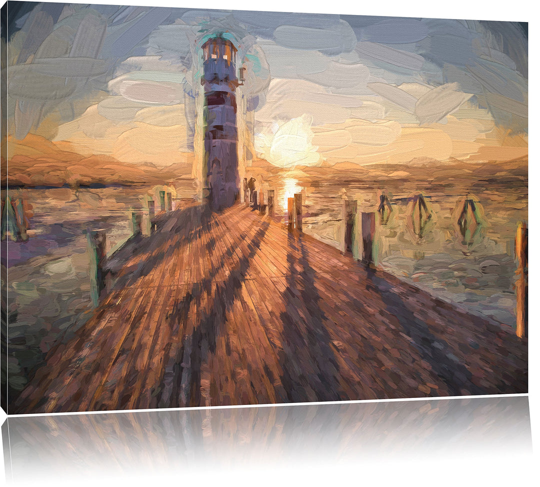 Pixxprint Leuchtturm am Steg als Leinwandbild/Grösse: 100x70 cm/Wandbild/Kunstdruck/fertig bespannt,