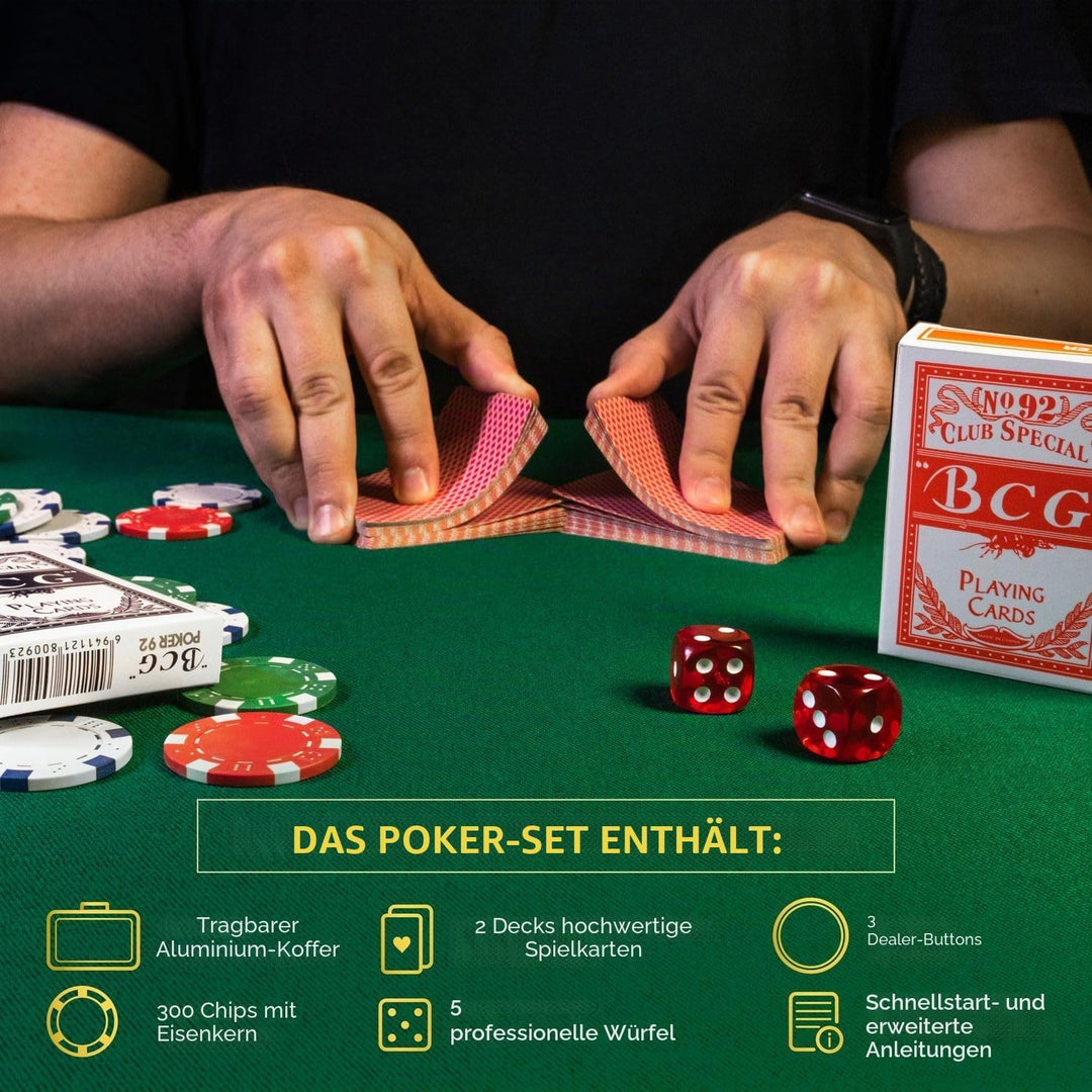 Queensell Pokerkoffer mit 300 Poker Chips für Texas Holdem – Profi Poker Set mit Aluminium Koffer, P