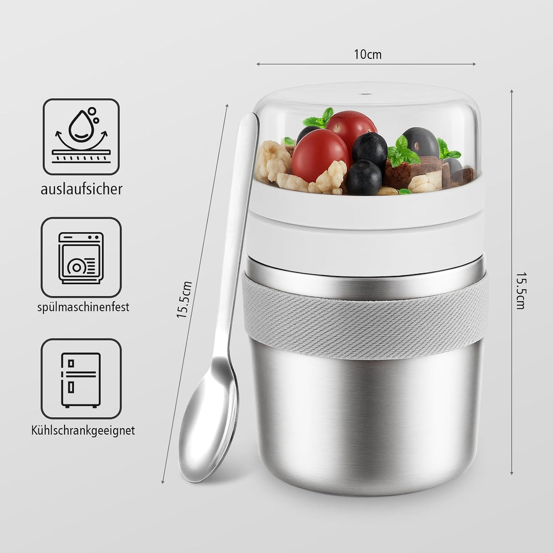 Edelstahl Müslibecher to go mit Löffel, Joghurtbecher to go 720ml | Doppelwandiger Vakuum-Isolier Jo