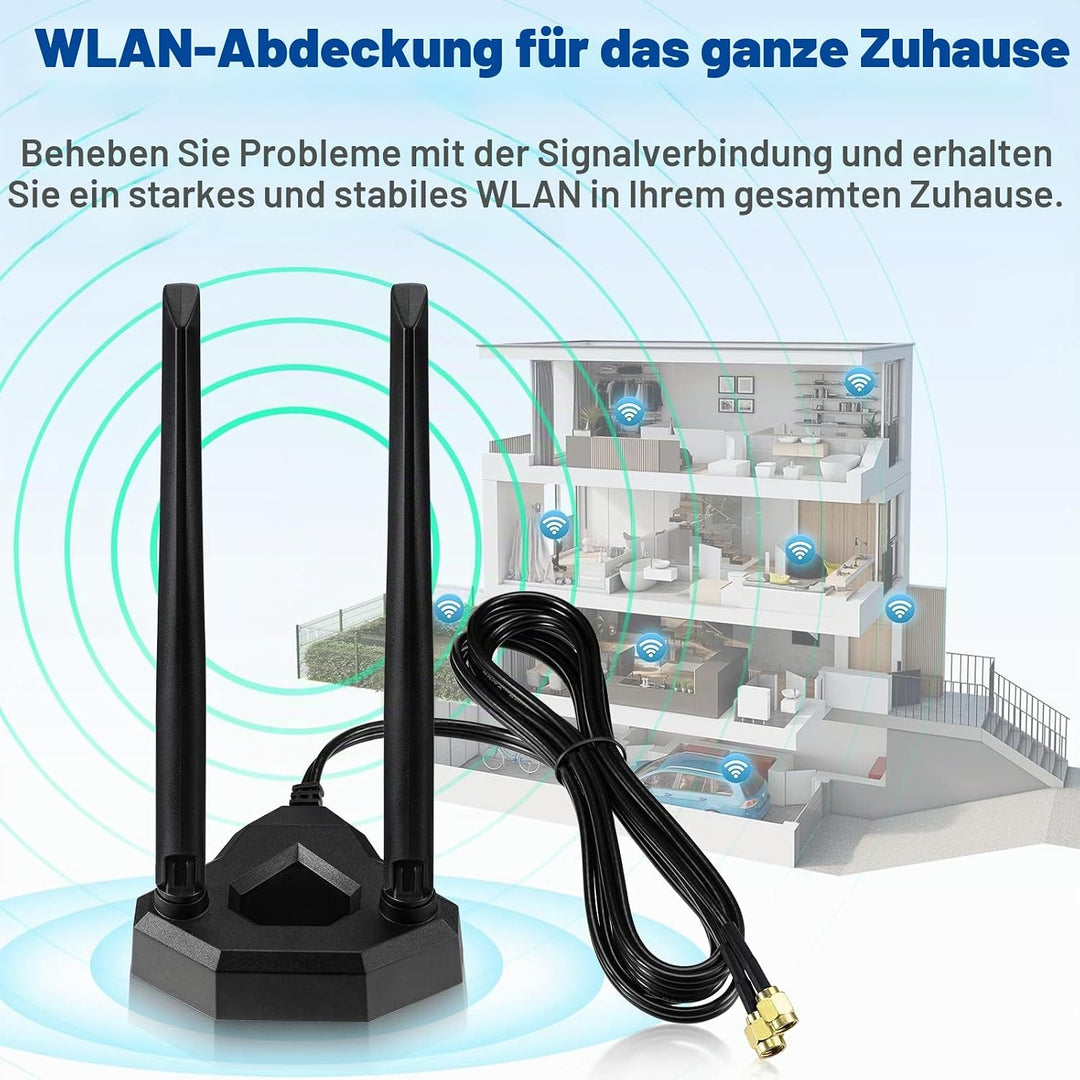 Eightwood Dualband-WLAN-Antenne, 2.4 GHz, 5 GHz, RP-SMA, WLAN-Antenne, magnetischer Sockel, 2 m, Ver