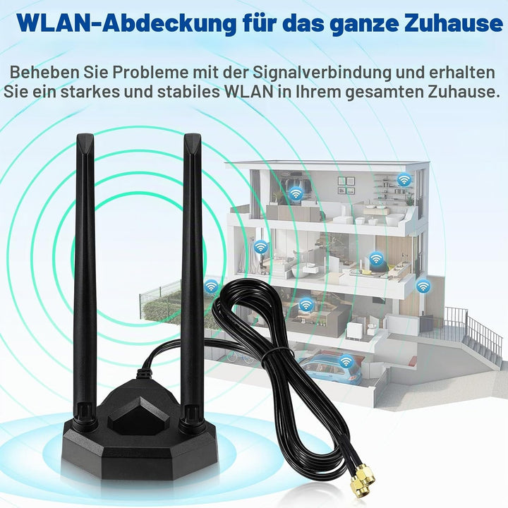 Eightwood Dualband-WLAN-Antenne, 2.4 GHz, 5 GHz, RP-SMA, WLAN-Antenne, magnetischer Sockel, 2 m, Ver
