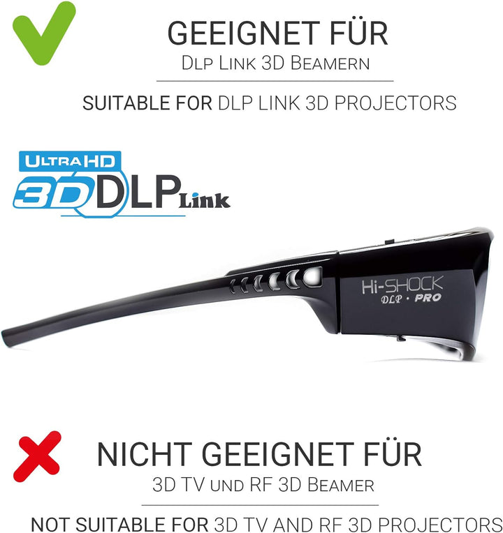2X Hi-Shock DLP Pro 7G Black Diamond | DLP Link 3D Brille für alle DLP 3D Beamer | Kompatibel mit Op