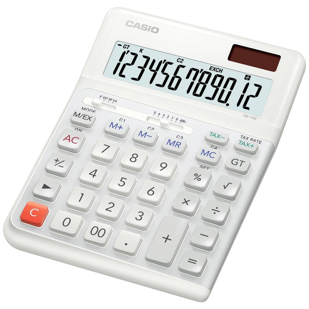 Casio ergonomischer Tischrechner DE-12E-WE, 12stellig, Tastatur in Treppendesign, vertikale Tastenan