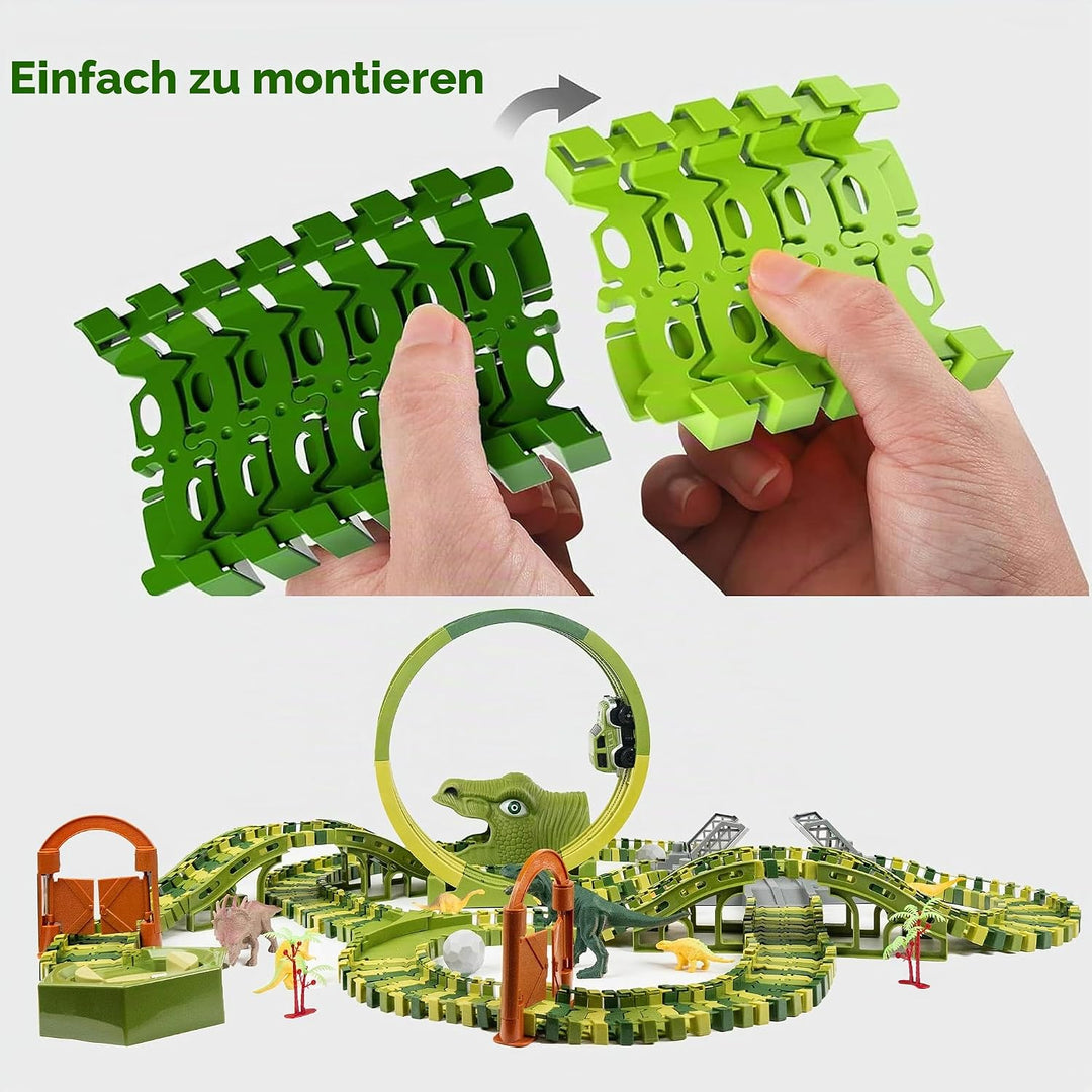CELMAN Dinosaurier Spielzeug - Flexibles Rennbahn mit viele Teilen und Geländewagen, Autorennbahn Sp