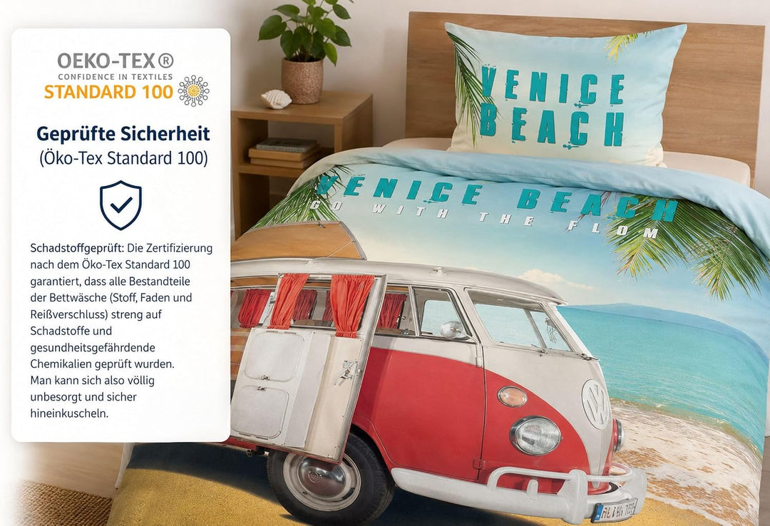 SkyBrands Volkswagen Bettwäsche VW Bulli 135x200 cm 80x80 Baumwolle Bus VW Bulli Bettwäsche-Set 2tlg