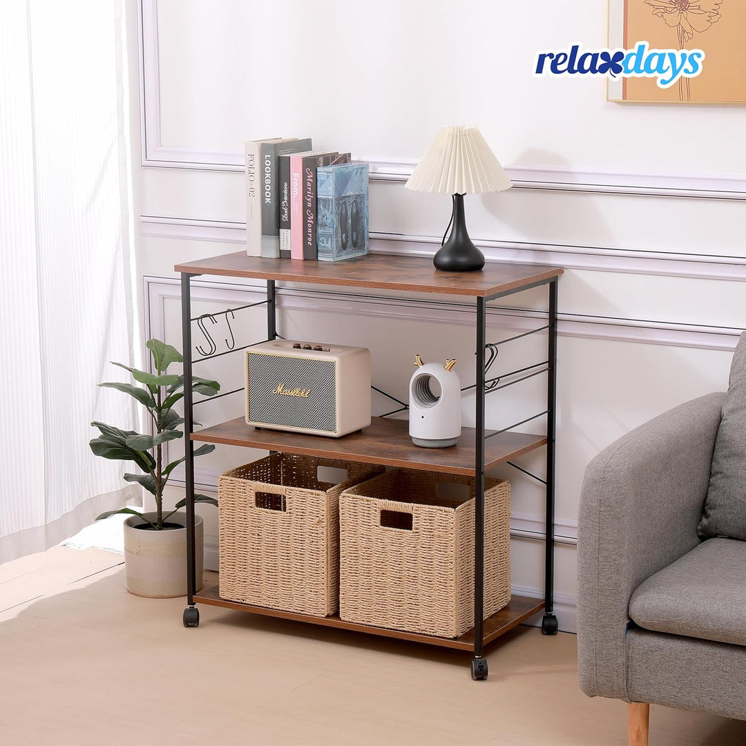 Relaxdays Küchenrollwagen, 3 Ablagen, 6 S-Haken, Küche, Servierwagen HxBxT: 87 x 80 x 40 cm, MDF & E