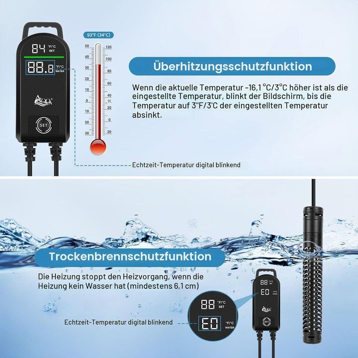 AQQA Aquarium Heizung, 300W/500W/800W/1000W/1200W Tauchheizung für Aquarien mit LED-Digitalanzeige &amp;
