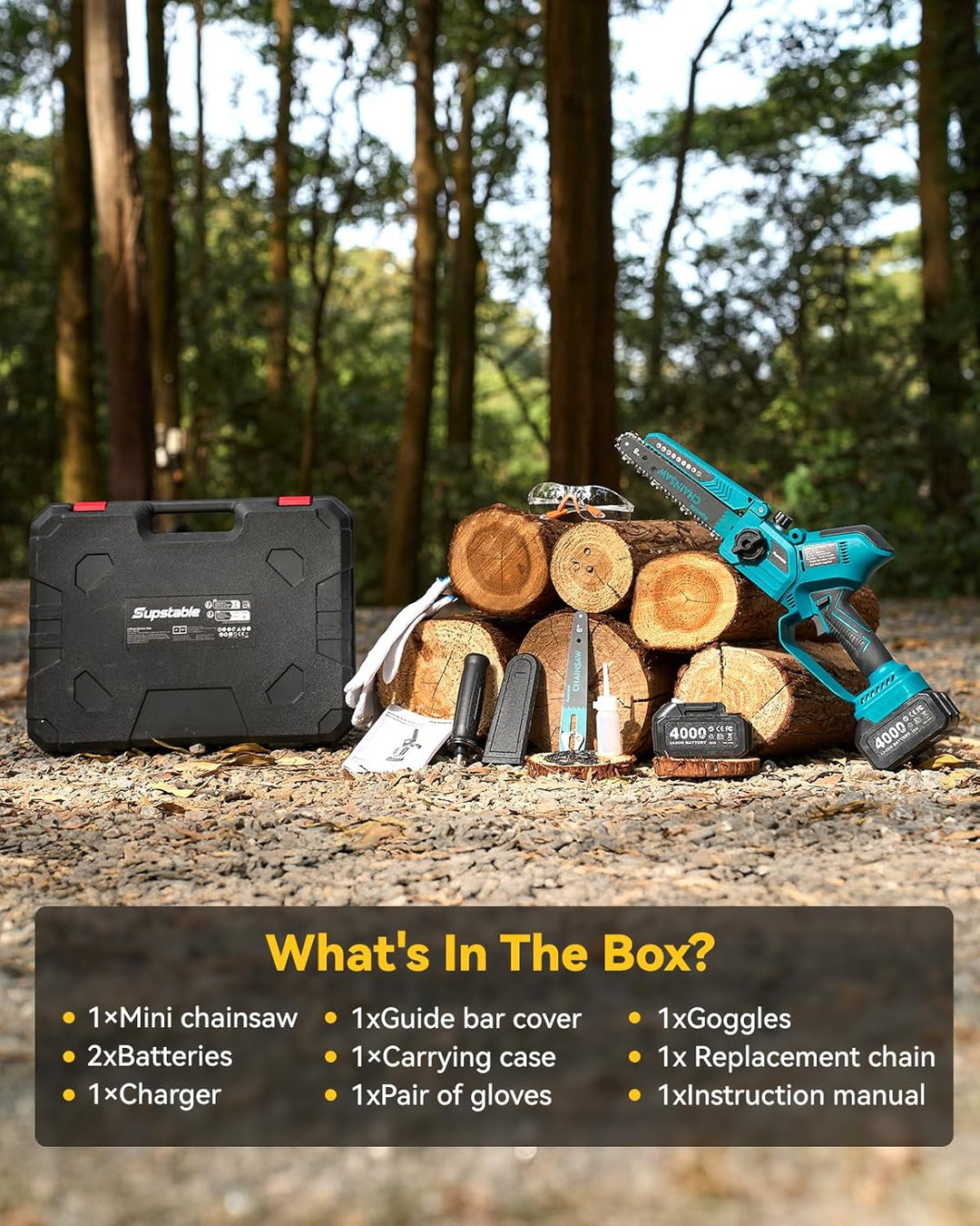 Mini Kettensäge mit Akku 8000mAh, Supstable 8 Zoll & 6 Zoll Astsäge Akku, Automatischer Öler & Werkz