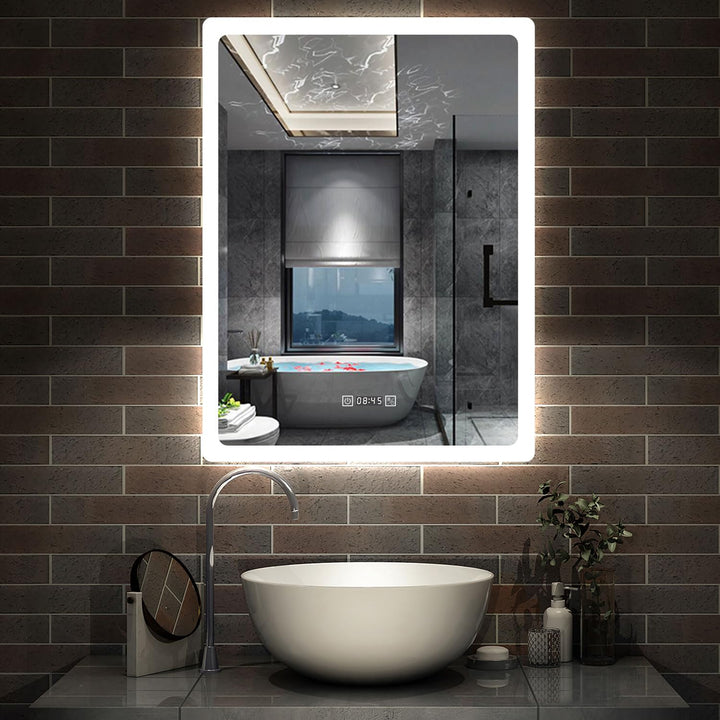 Aica Sanitär LED Badspiegel 50×70cm mit Uhr 3 Lichfarbe dimmbar Memory Wand/Touchschalter Anti-Besch