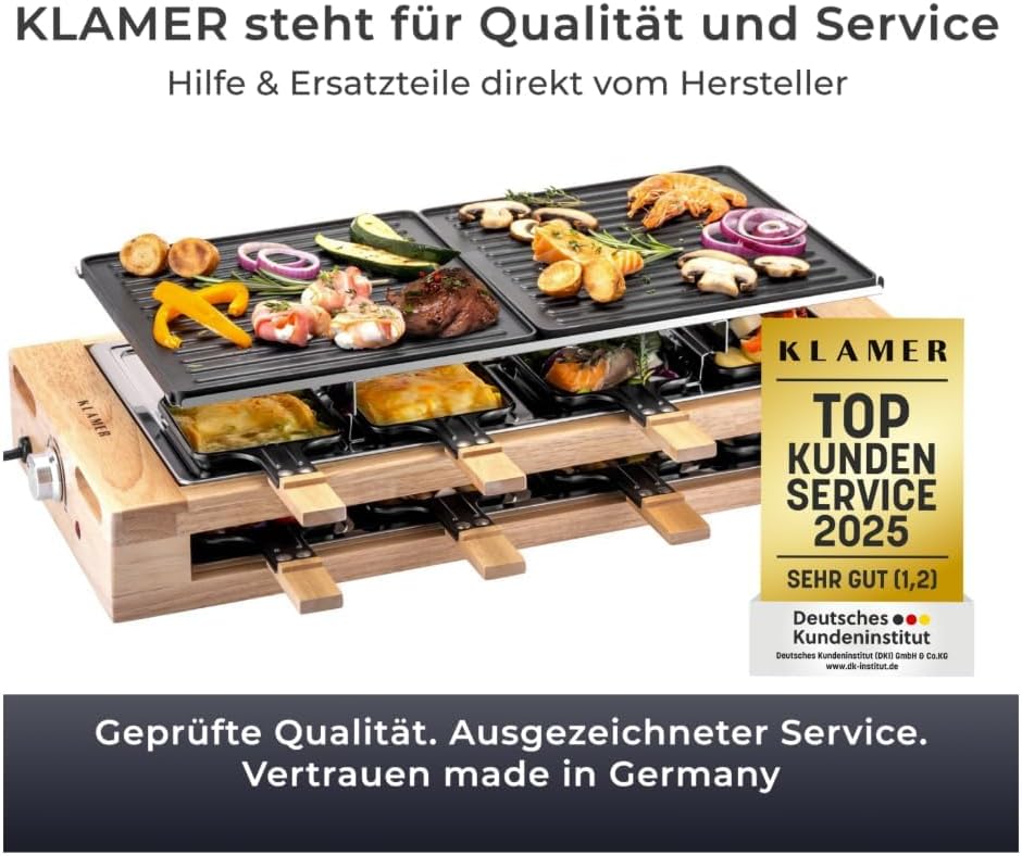 KLAMER Raclette 8 Personen, 1500W Raclette Grill mit Holzgestell, Raclette mit antihaftbeschichteter