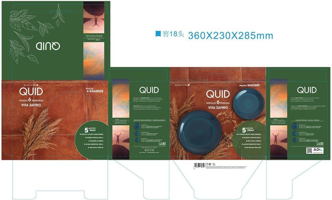 Quid Saphir Vita Geschirr aus Keramik, 18 Stück, 6 Personen, Blau