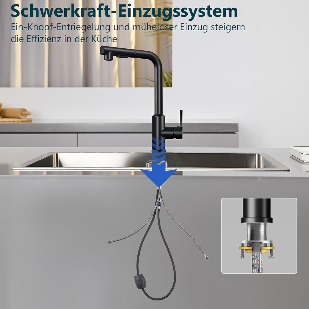 Wasserhahn Küche, Küchenarmatur mit Brause Ausziehbar Schwarz, Schwarz