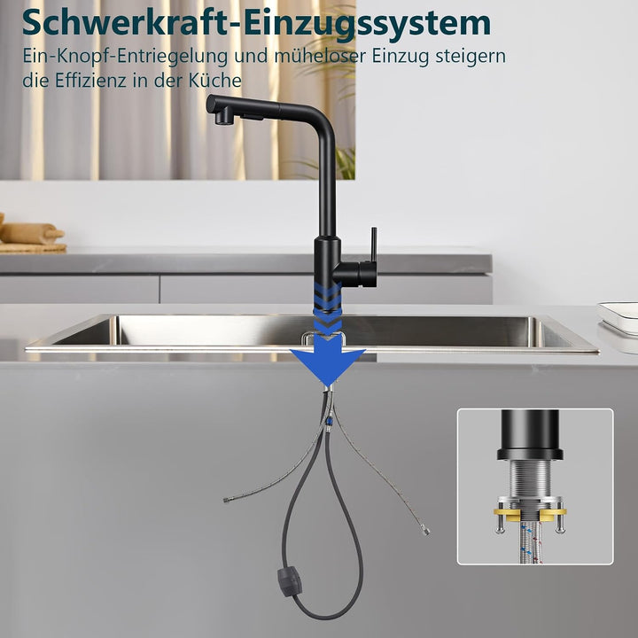 Wasserhahn Küche, Küchenarmatur mit Brause Ausziehbar Schwarz, Schwarz