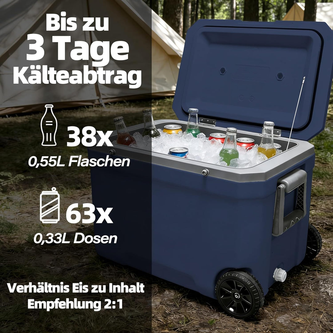 WISD 45L Kühlbox mit Rollen und Griff – Grosse Camping Kühlbox mit Metallverschlüssen & Ablaufstopfe