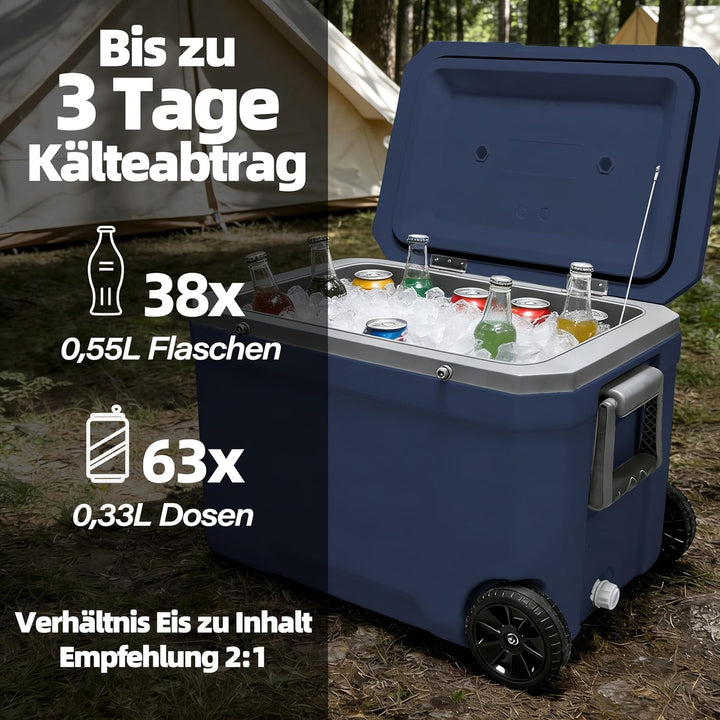 WISD 45L Kühlbox mit Rollen und Griff – Grosse Camping Kühlbox mit Metallverschlüssen & Ablaufstopfe