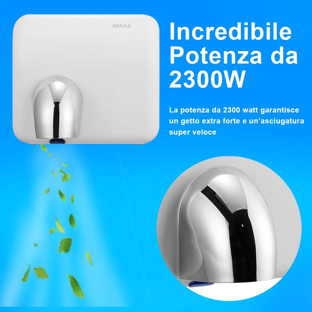 Bakaji Secador de Manos Eléctrico Automático secador de Aire Caliente de Pared - Baño Rápido con Sen
