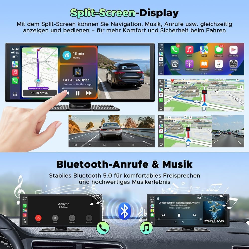 LAMTTO Wireless CarPlay Android Auto Display 10,25 Zoll In-Cell Touchscreen Car Play mit Dashcam 2.5
