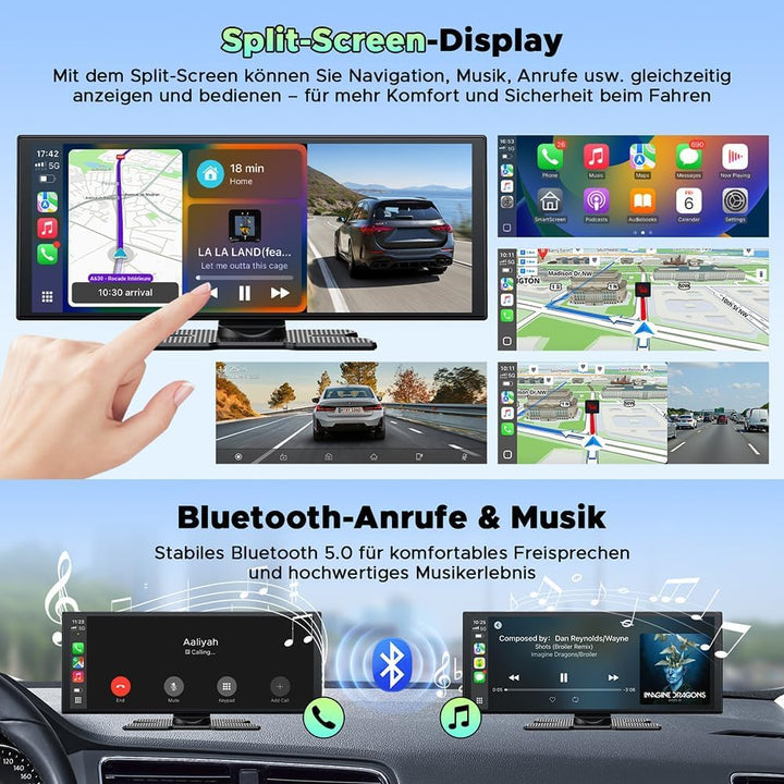 LAMTTO Wireless CarPlay Android Auto Display 10,25 Zoll In-Cell Touchscreen Car Play mit Dashcam 2.5