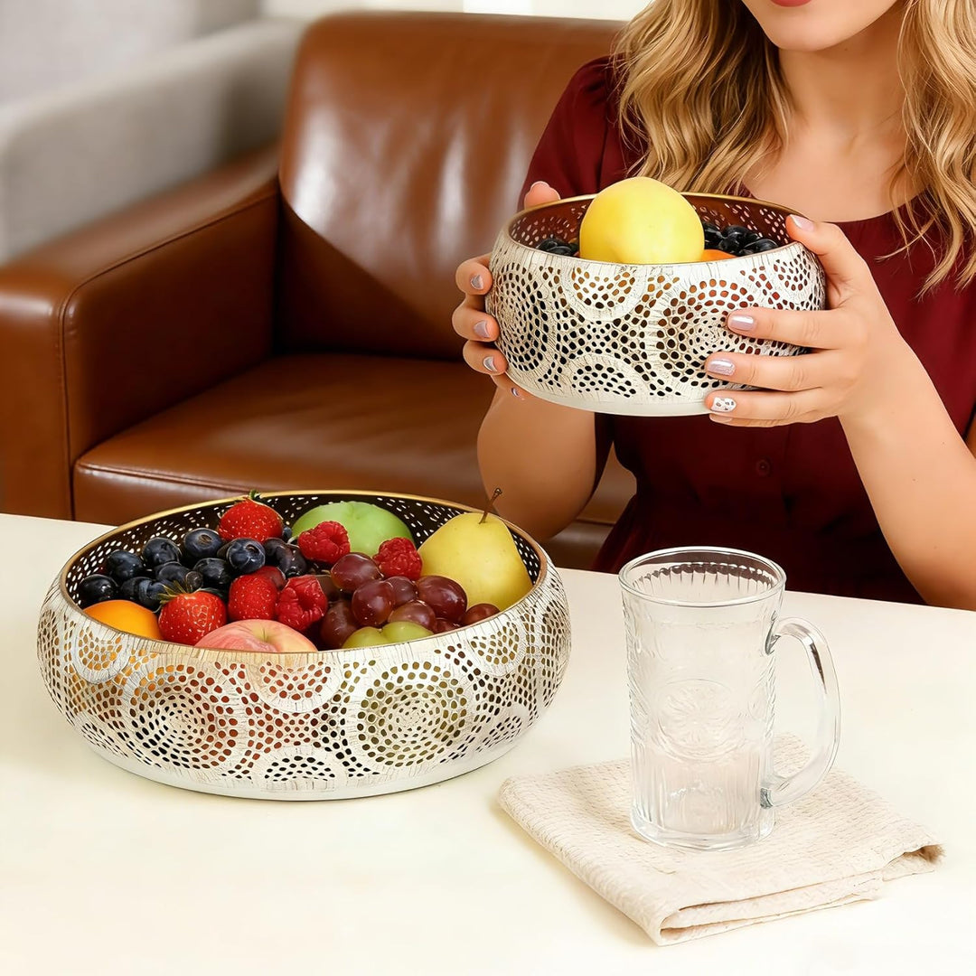 JAZUIHA Obstschale Modern 2er Set, Dekoschale Gold, Obstkorb aus Metall Runde Dekorative Schale Gold