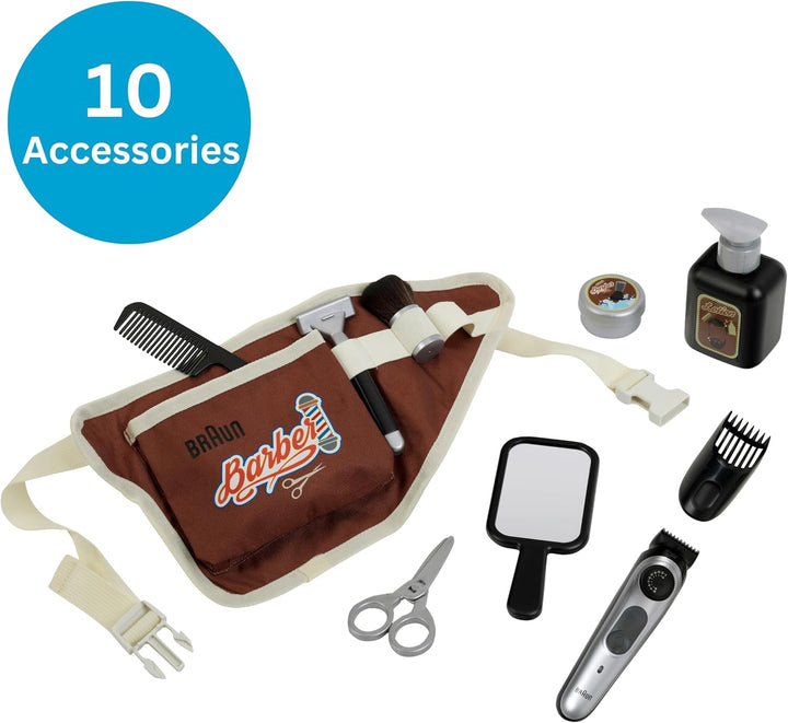 Theo Klein 5838 Braun Barbier-Set I Bauchtasche mit vielen Barber-Shop-Utensilien I Elektrischer Spi