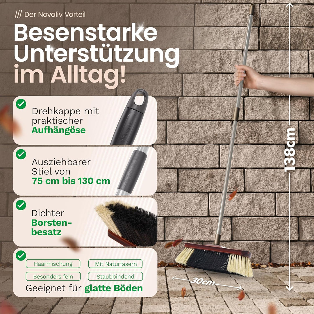 Novaliv Zimmerbesen mit Stiel ROSSHAAR Mischung Besen weiche Borsten Schrankbesen mit Teleskopstiel
