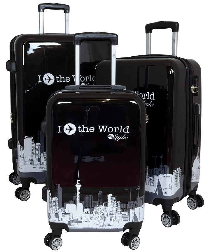 Trendyshop365 Hartschale Koffer-Set 3-teilig mit Flugzeug Städte Motiv - Fly The World schwarz - 4 R
