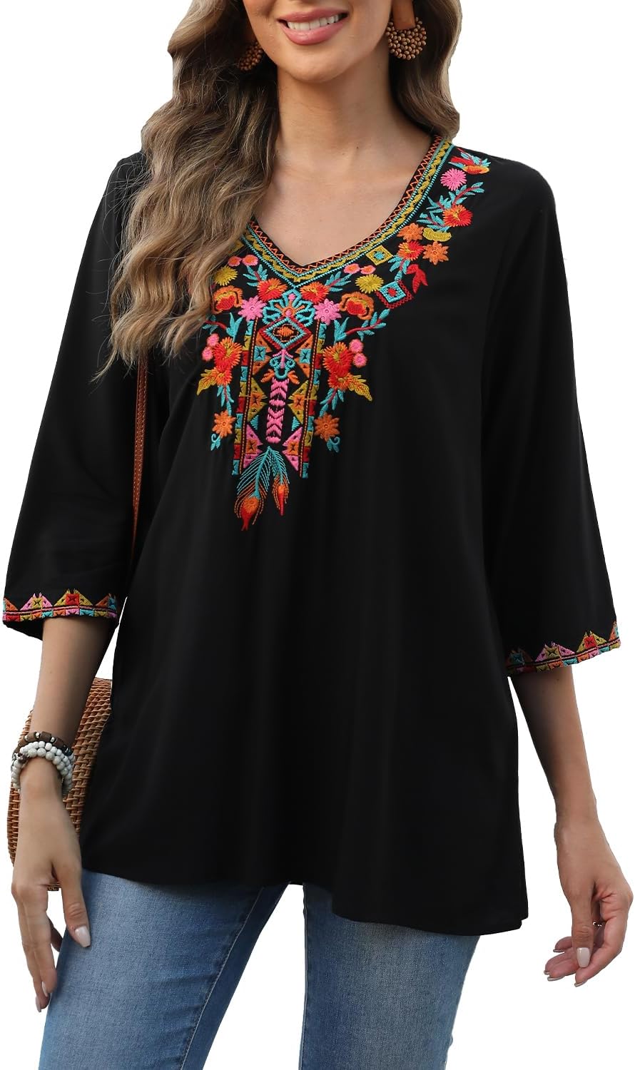 Seasonal Boho Tunika Damen Sommer Mexikanische Blumen Bestickt V-Ausschnitt Top 3/4 Ärmel Hippie Los
