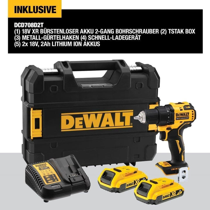 Dewalt 18V XR 2-Gang Akku-Bohrschrauber DCD708D2T (bürstenloses Vollmetall-Getriebe, 13 mm Vollmetal