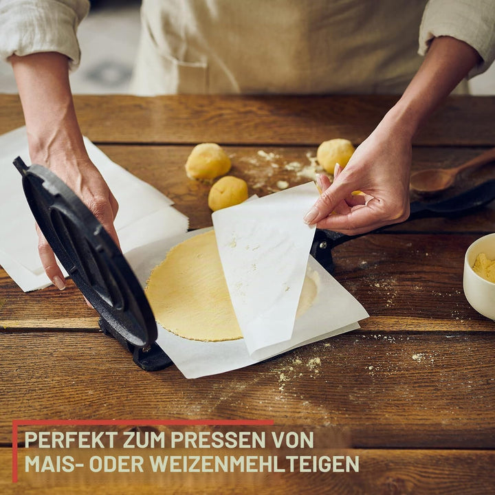 Uno Casa Tortilla Presse 25 cm aus Gusseisen – Taco Presse und Roti Maker - Plus 100 Blatt Backpapie