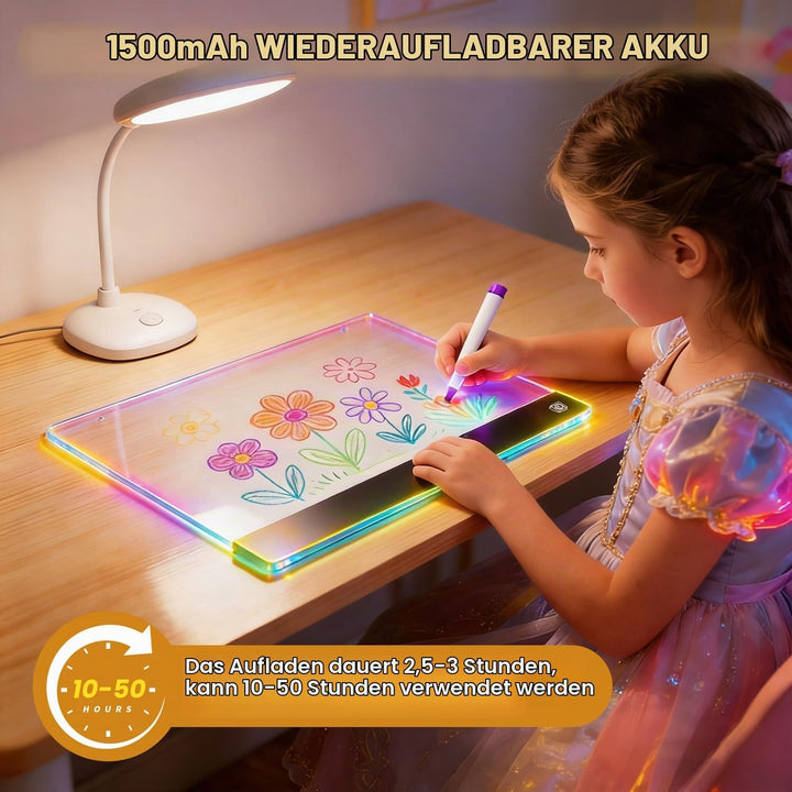 LED-Zeichenbrett für Kinder, 1500mAh wiederaufladbares Notizbrett mit 4-Farben-Lichtmodi &amp; 7 Markern