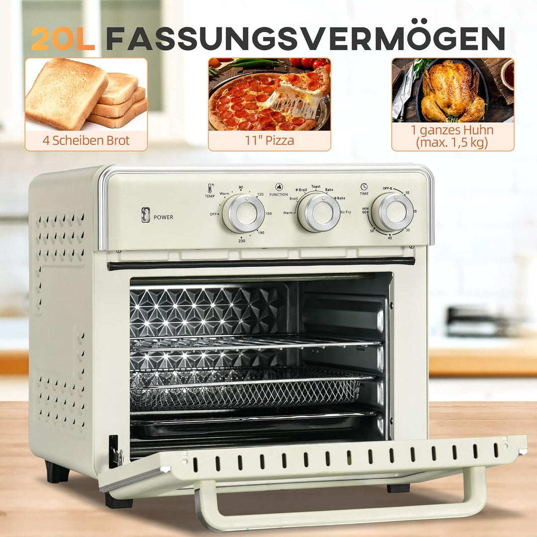 HOMCOM Minibackofen 20L, 5 in 1 Pizza-Ofen inkl. Backblech Set, Frittierkorb, Krümelblech, 1 Std. Ti