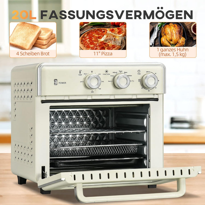 HOMCOM Minibackofen 20L, 5 in 1 Pizza-Ofen inkl. Backblech Set, Frittierkorb, Krümelblech, 1 Std. Ti