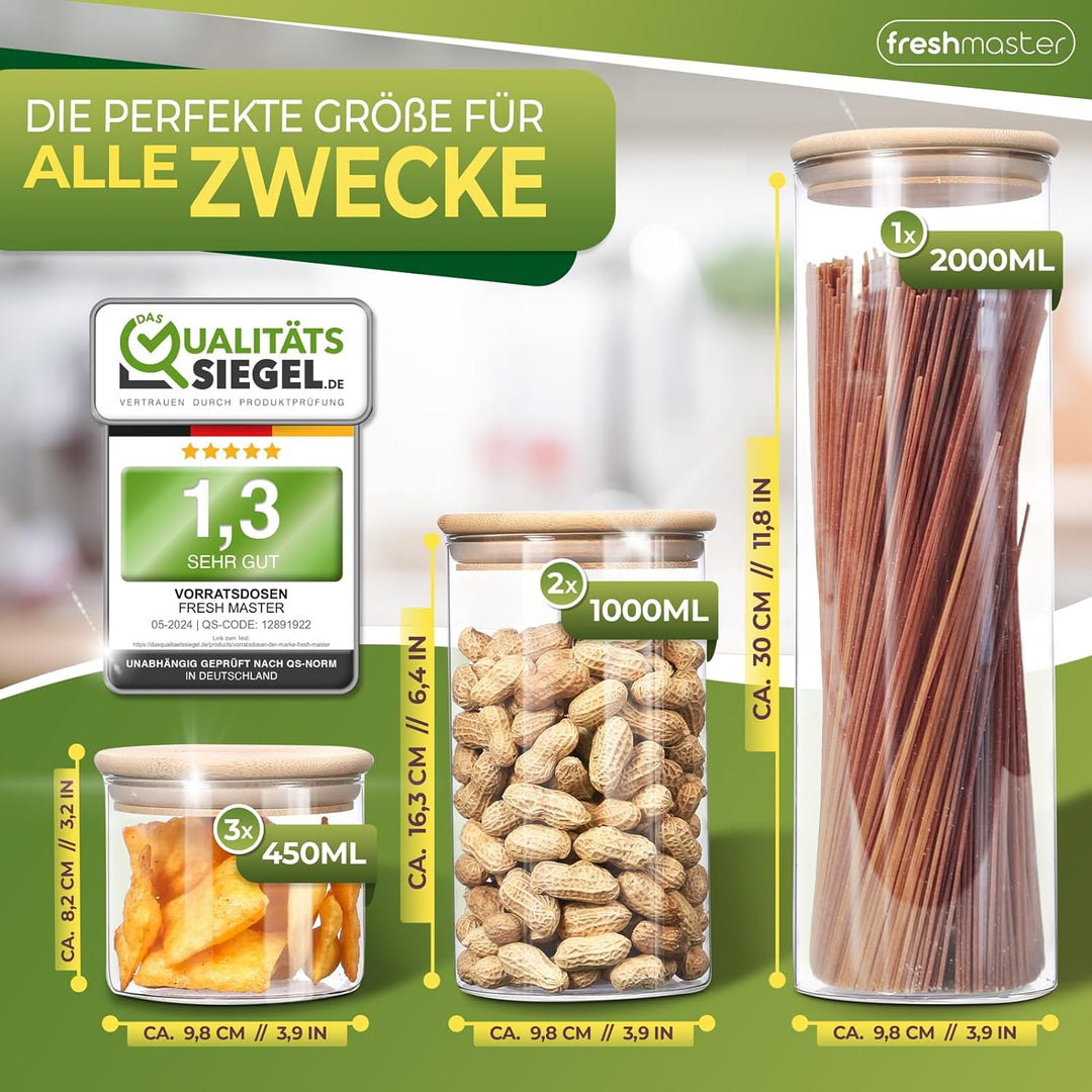 freshmaster Premium Vorratsdosen Glas mit Bambusdeckel I Vorratsgläser mit Deckel für luftdichte Auf
