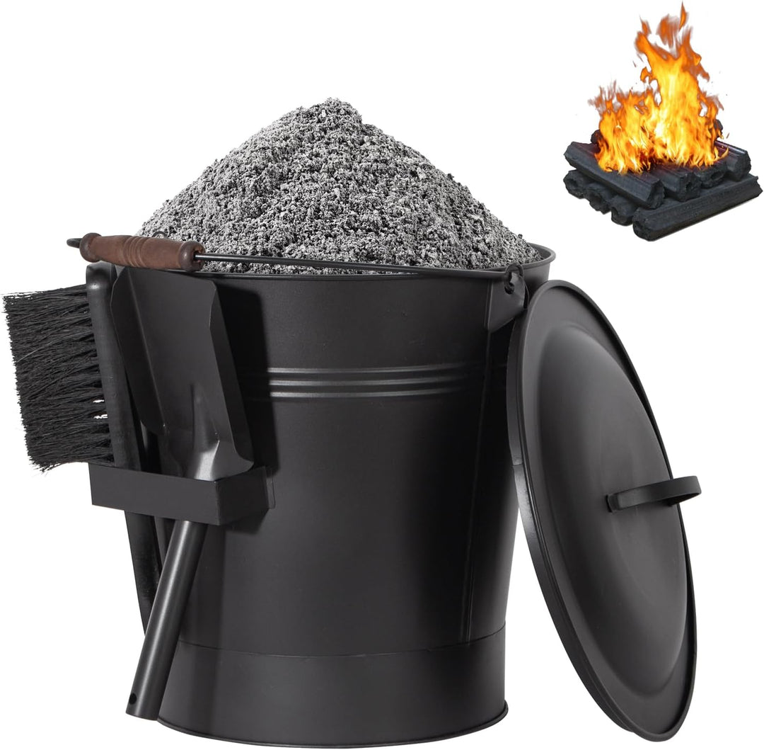 Todeco Ascheeimer Metall 24 L mit Deckel, Schaufel & Bürste, Hitzebeständiger, Holzgriff, Für Kamin,