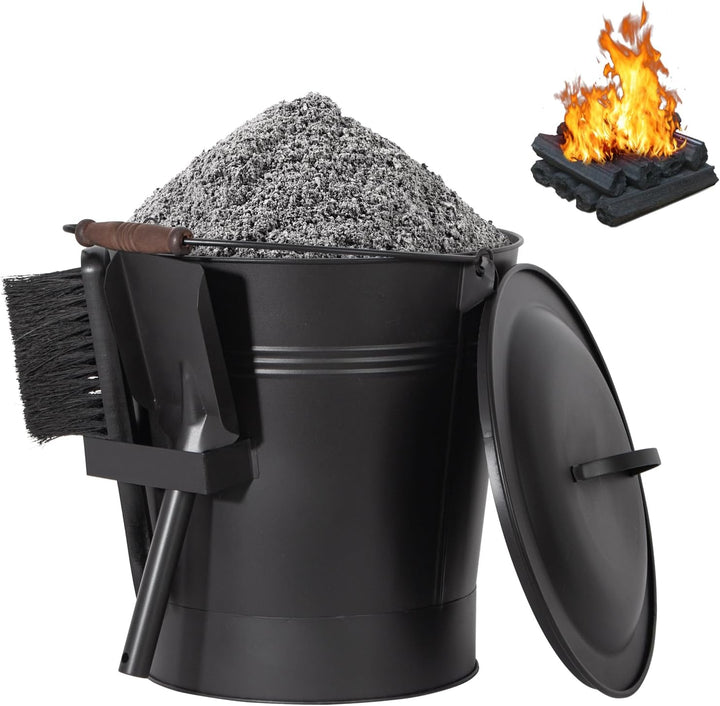 Todeco Ascheeimer Metall 24 L mit Deckel, Schaufel & Bürste, Hitzebeständiger, Holzgriff, Für Kamin,