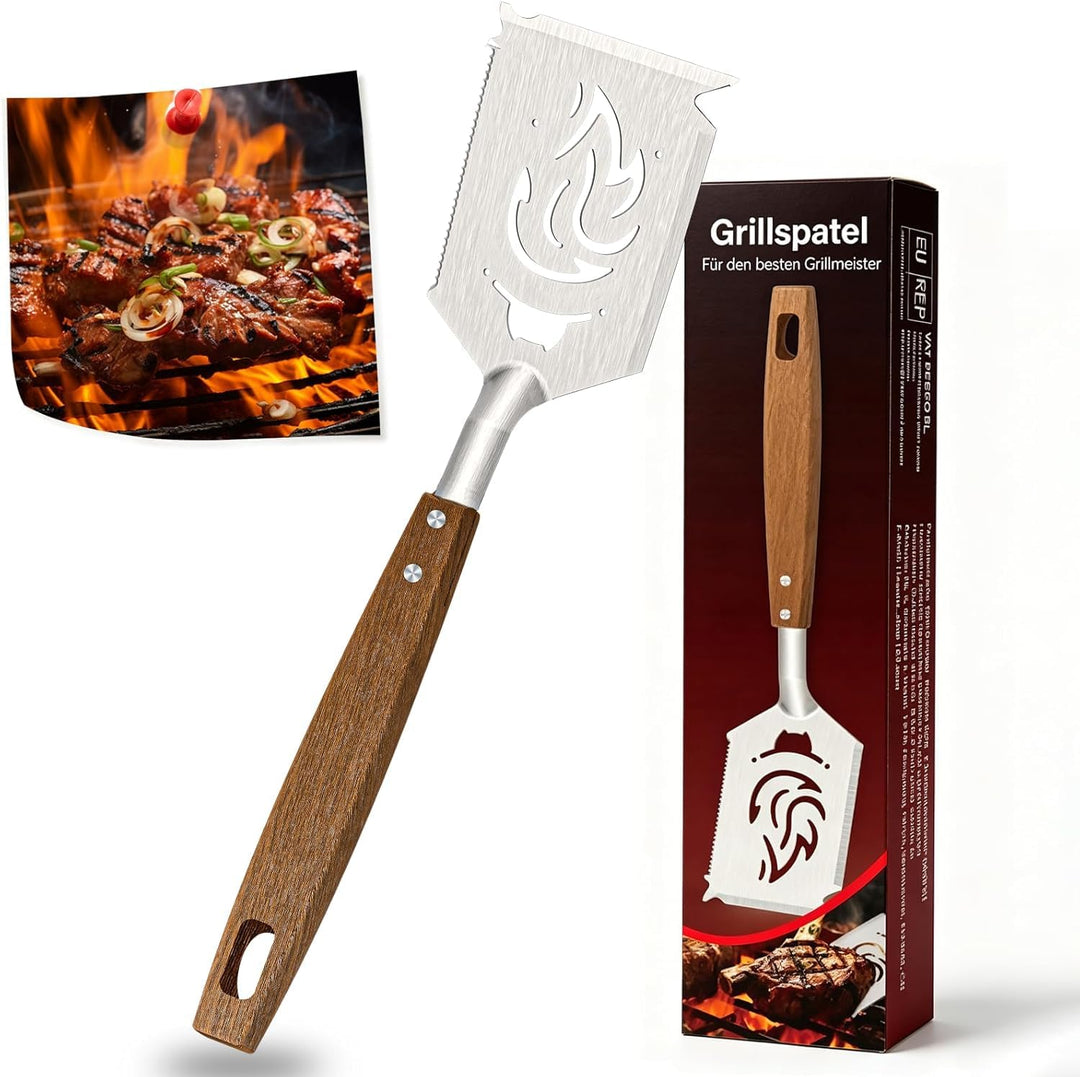 7-in-1 Grillspachtel mit Holzgriff, Multifunktion Grillwerkzeug für BBQ & Camping, Funktionen des Gr