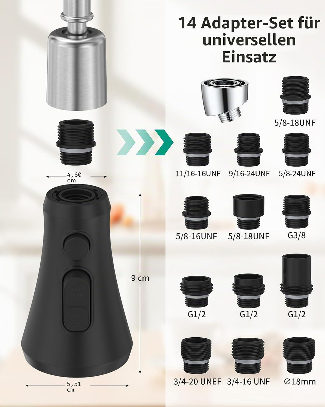 Mbillion ABS-Küchenarmaturkopf, Universal-Sprühdüse mit 3 Funktionen, mit 14 Adaptern, mattschwarz,