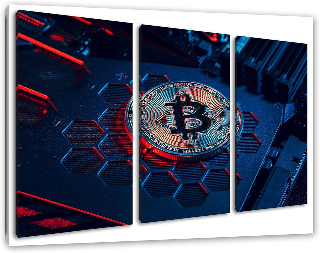 Bitcoin BTC auf Computerchipals Leinwandbild 3 teilig | Grösse: 120x80 cm | Wandbild | Kunstdruck |